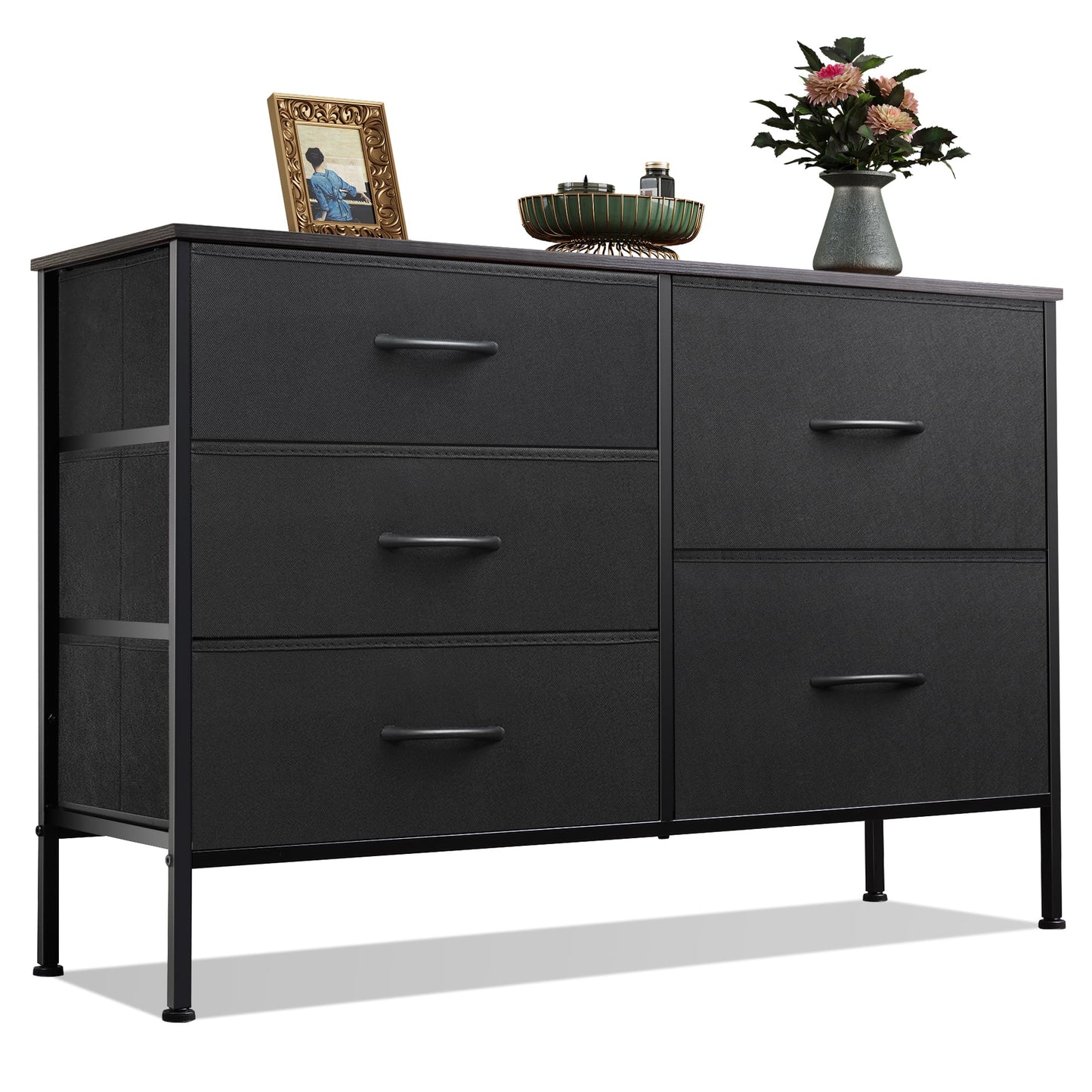 WLIVE Dresser for Bedroom with 5 Drawers, Wide Bedroom Dressers with Drawer Organizers, Chest of Drawers, Fabric Dresser for Living Room, Closet, Hallway, Charcoal Black