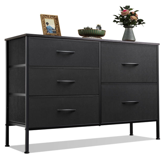 WLIVE Dresser for Bedroom with 5 Drawers, Wide Bedroom Dressers with Drawer Organizers, Chest of Drawers, Fabric Dresser for Living Room, Closet, Hallway, Charcoal Black