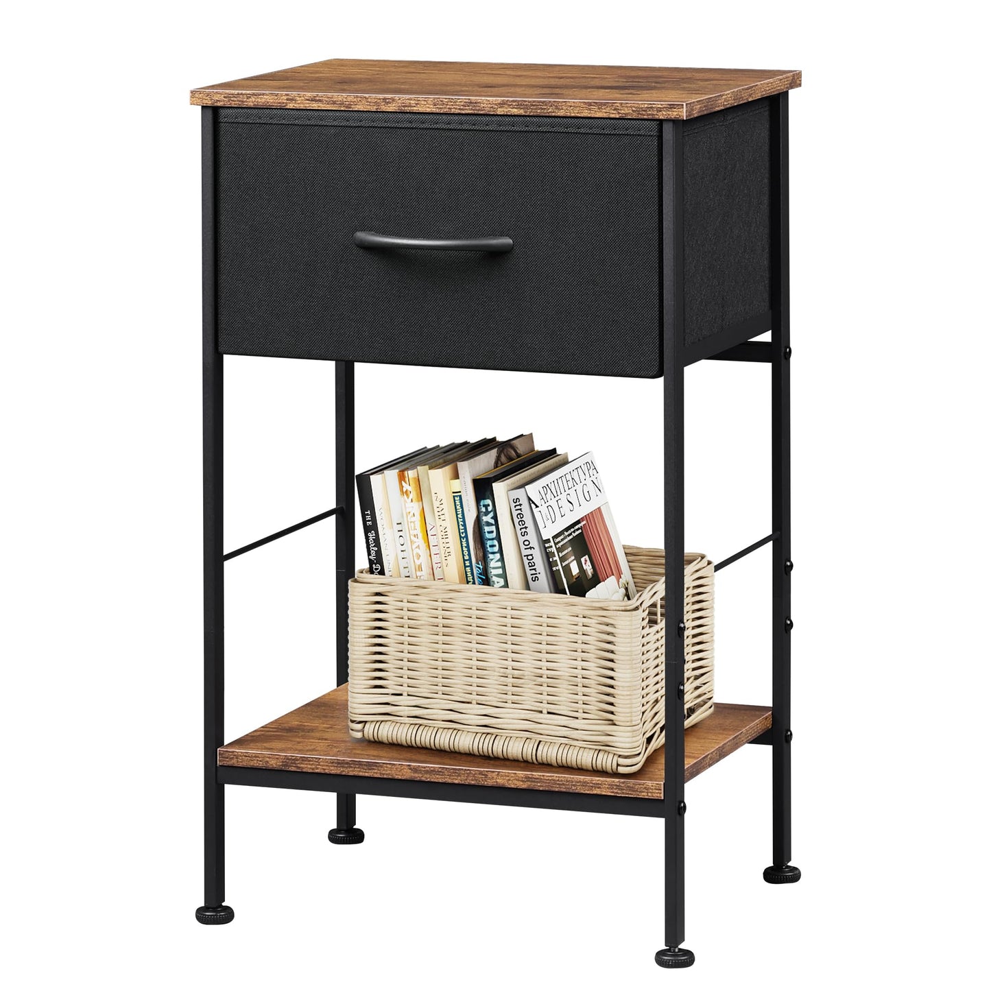 WLIVE Nightstand, End Table with Fabric Storage Drawer and Open Wood Shelf, Bedside Furniture with Steel Frame, Side Table for Bedroom, Dorm, Easy Assembly, Black and Rustic Brown, 25.0" Height