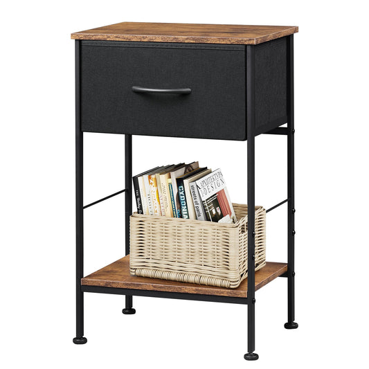 WLIVE Nightstand, End Table with Fabric Storage Drawer and Open Wood Shelf, Bedside Furniture with Steel Frame, Side Table for Bedroom, Dorm, Easy Assembly, Black and Rustic Brown, 25.0" Height