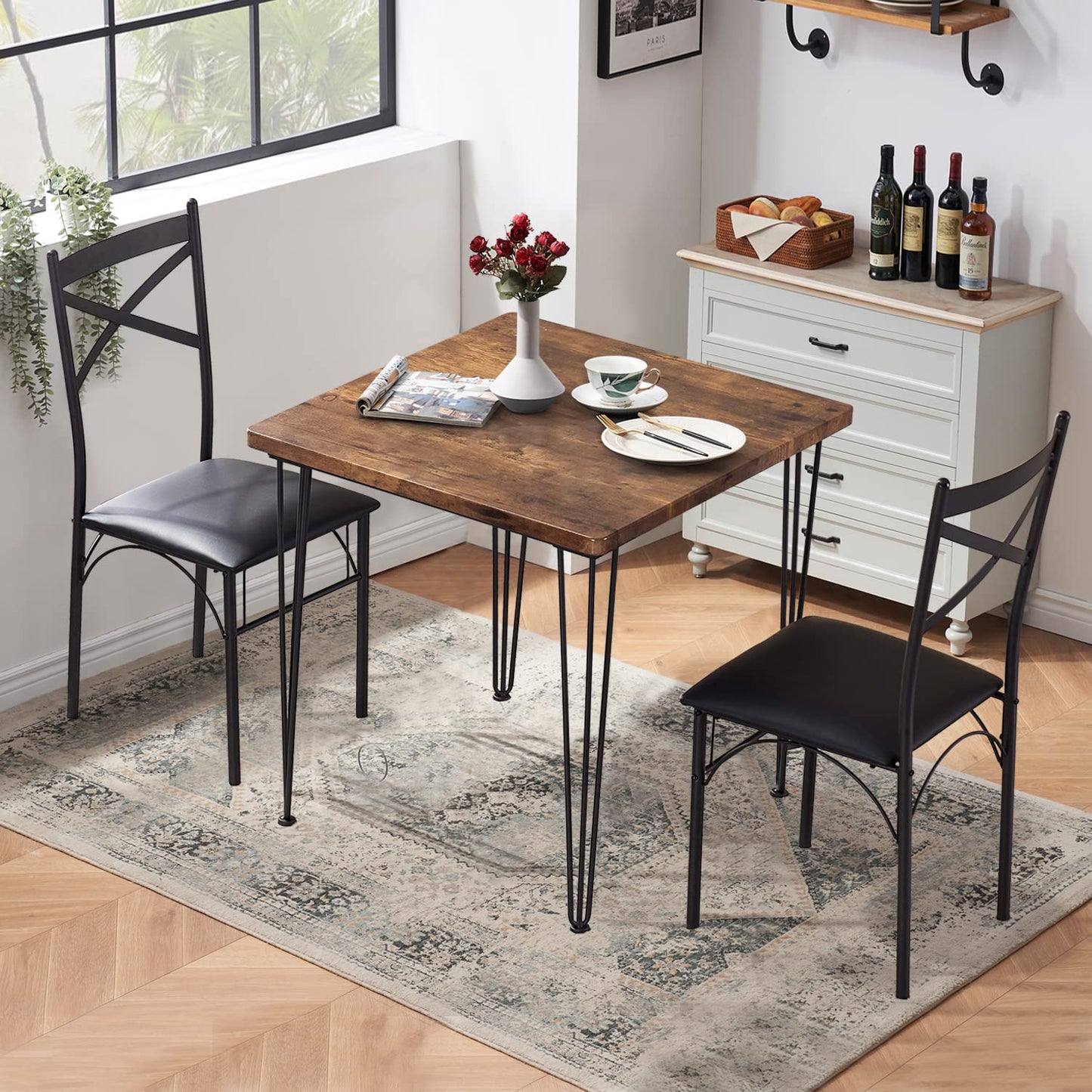 VECELO Kitchen Dining Room Table Set with 2 Chairs for Small Space, Apartment,Metal Steel Frame