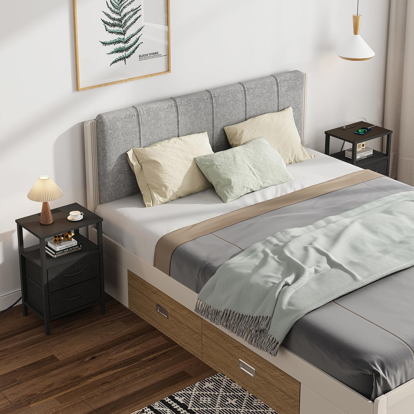 TUTOTAK End Table with Charging Station, Side Table with 2 USB Ports and Outlets, Nightstand with Cloth Drawer, Set of 2, Couch Table, Black TB01BK067