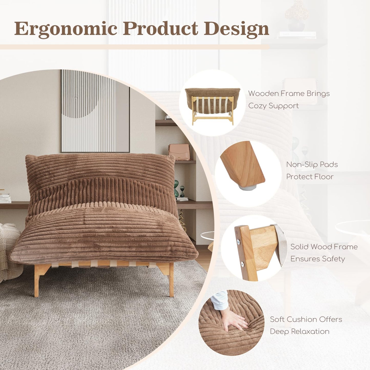 WJShome Oversized Chaise Lounge Chair,47.24" Sofa Chair, Accent Chair,Sleeper Sofa Bed for Living Room,Comfy Recliner Chair Loveseat Couch with Removable Upholstered for Reading Bedroom (Brown)