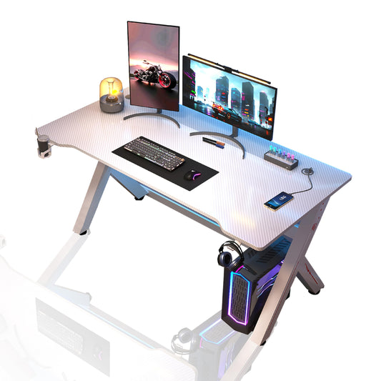AZN Gaming Desk with 2 USB Charging Ports, Small Desk Gaming Table for Home Office, Computer Desk with Headphone Holder, Cup Holder, Cable Management Box (White, 55 Inch)