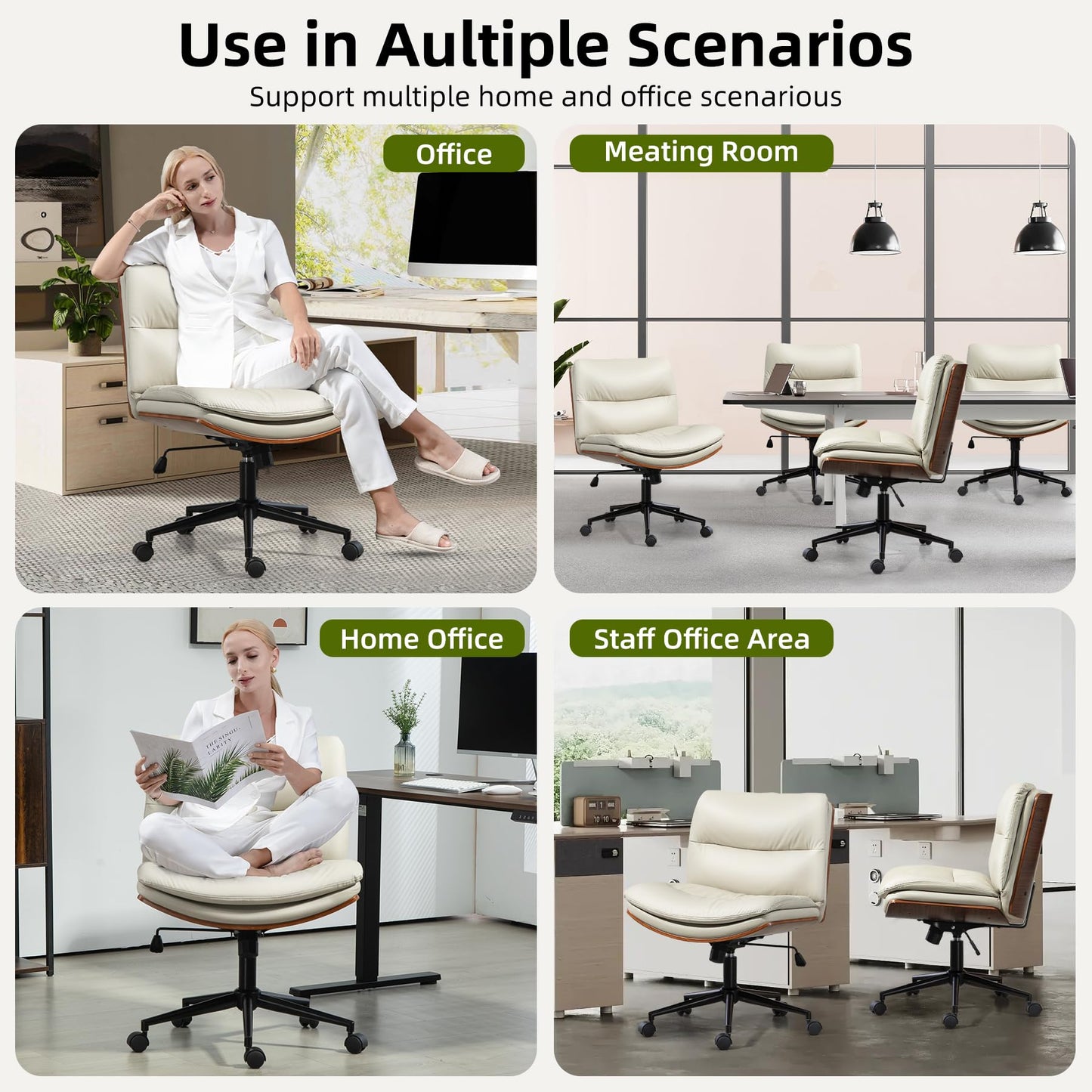 WQSLHX Office Chair, Criss Cross Legged Office Desk Chairs with Wheels, PU Leather Adjustable Swivel Walnut Task Chair with Wide Seat, Ergonomic Mid Back Computer Chair for Meeting Room, Home