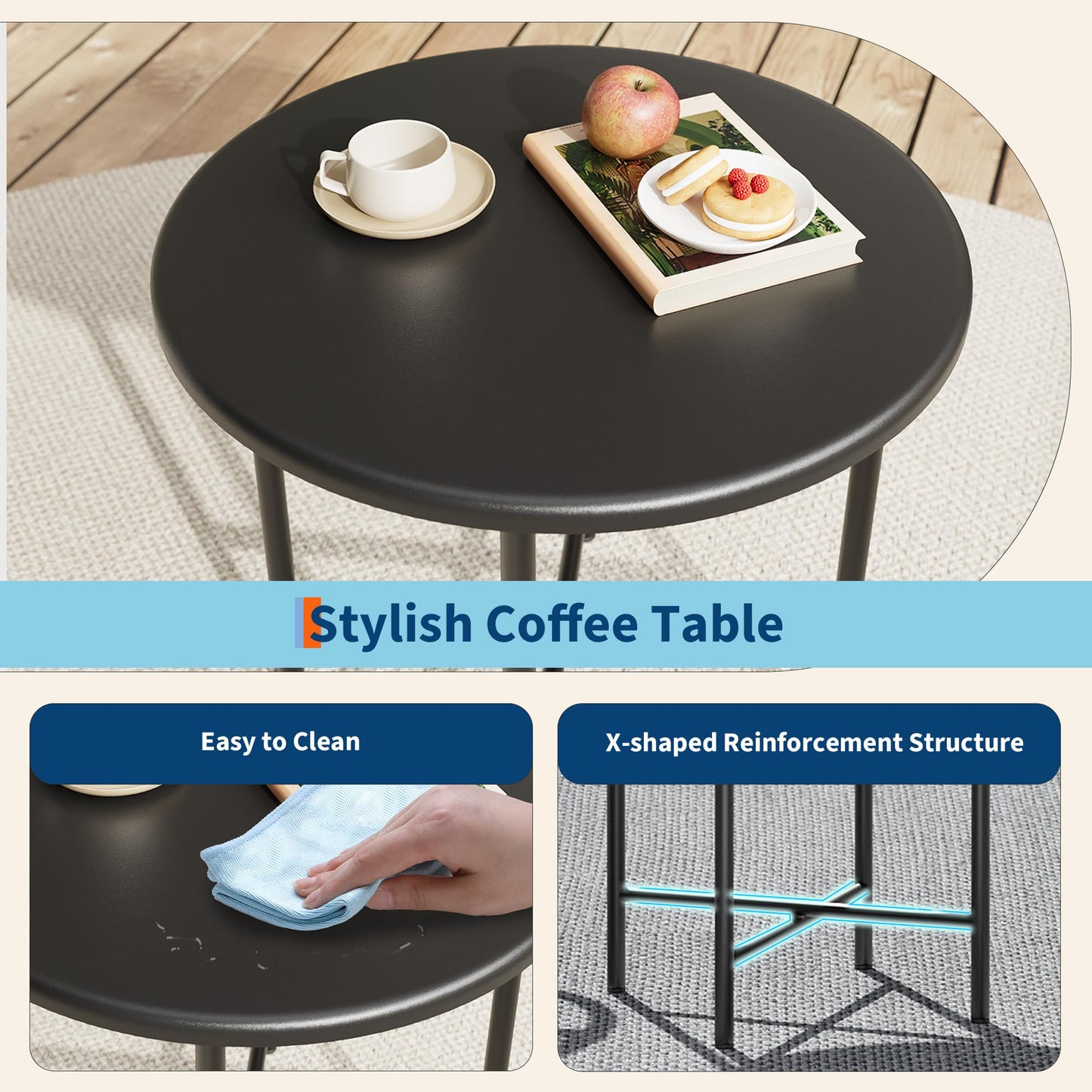 3 Piece Patio Bistro Set, Outdoor Seating Acapulco Chairs, All Weather Modern Patio Chairs Set of 2 with Side Table, Small Patio Conversation Bistro Set for Garden, Backyard, Balcony, Porch, Black