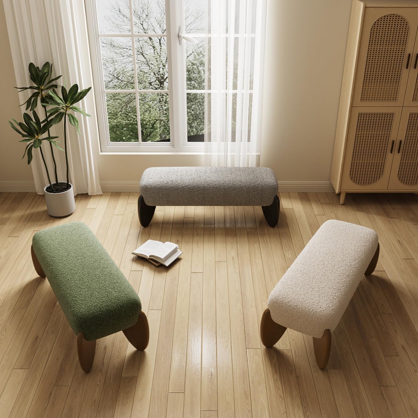 Ya-Home Modern Living Room Bench, Boucle Upholstered Bedroom Bench End of Bed, 50” Entryway Bench with Black Wooden Legs, Window Ottoman Bench for Bedroom/Hallway,Grey