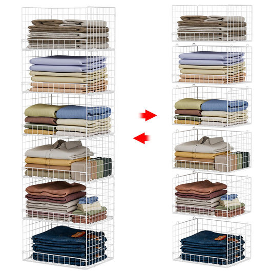 Yociyoga 6-Tier Stackable Closet Organizers and Storage Shelves, Closet Shelf Organizer Basket Bins, Foldable Sweater Storage for Closet Organizer System, White（Patent Pending）
