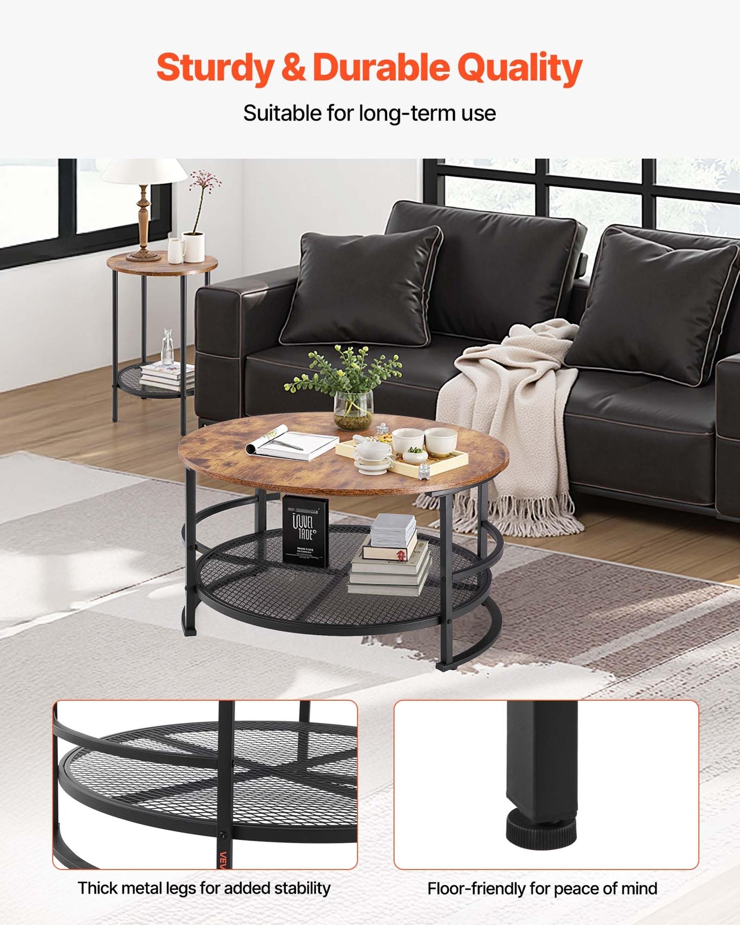 VEVOR 3 Pieces Round Coffee Table Sets, 31.5 in Industrial Living Room Table with 2 End Side Tables, Easy Assembly Coffee and End Tables Sets with Metal Legs, for Office, Living Room and Apartment