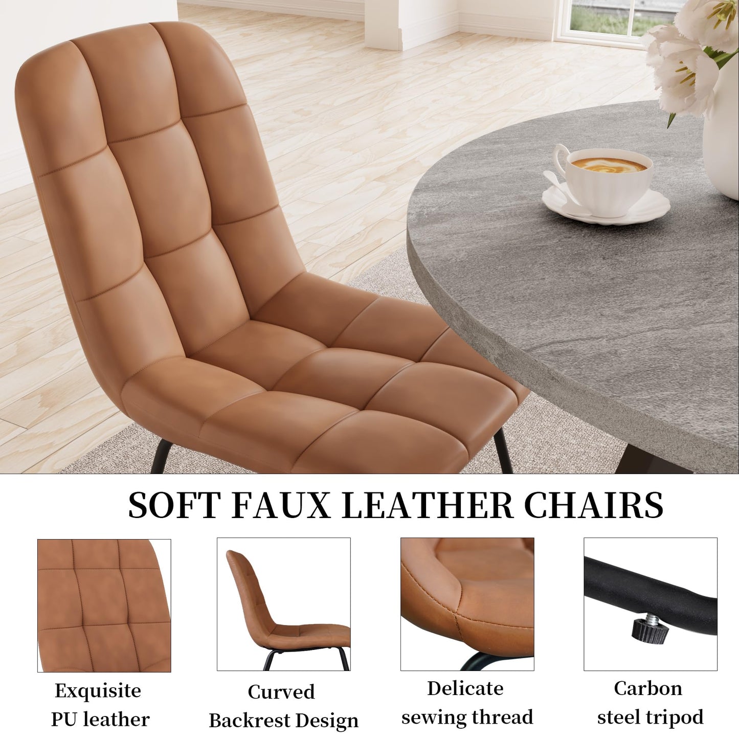 Zerifevni 34.6'' Dining Table and Chairs for 4, Mid Century Modern Round Table Set, Space Saving for Apartment Kitchen Dining Room (Grey Table+4 U-Shaped Brown Chairs)