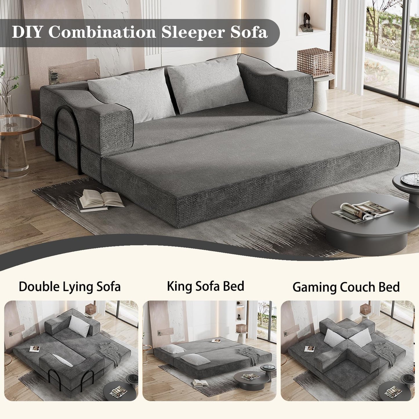 80" King Size Convertible Sofa Bed Sleeper, Foldable Futon Couch with Memory Foam & 2 Pillows, Chenille Fabric Modular Loveseat for Small Spaces, Apartment, Living Room, Studio (Gray, 80in)