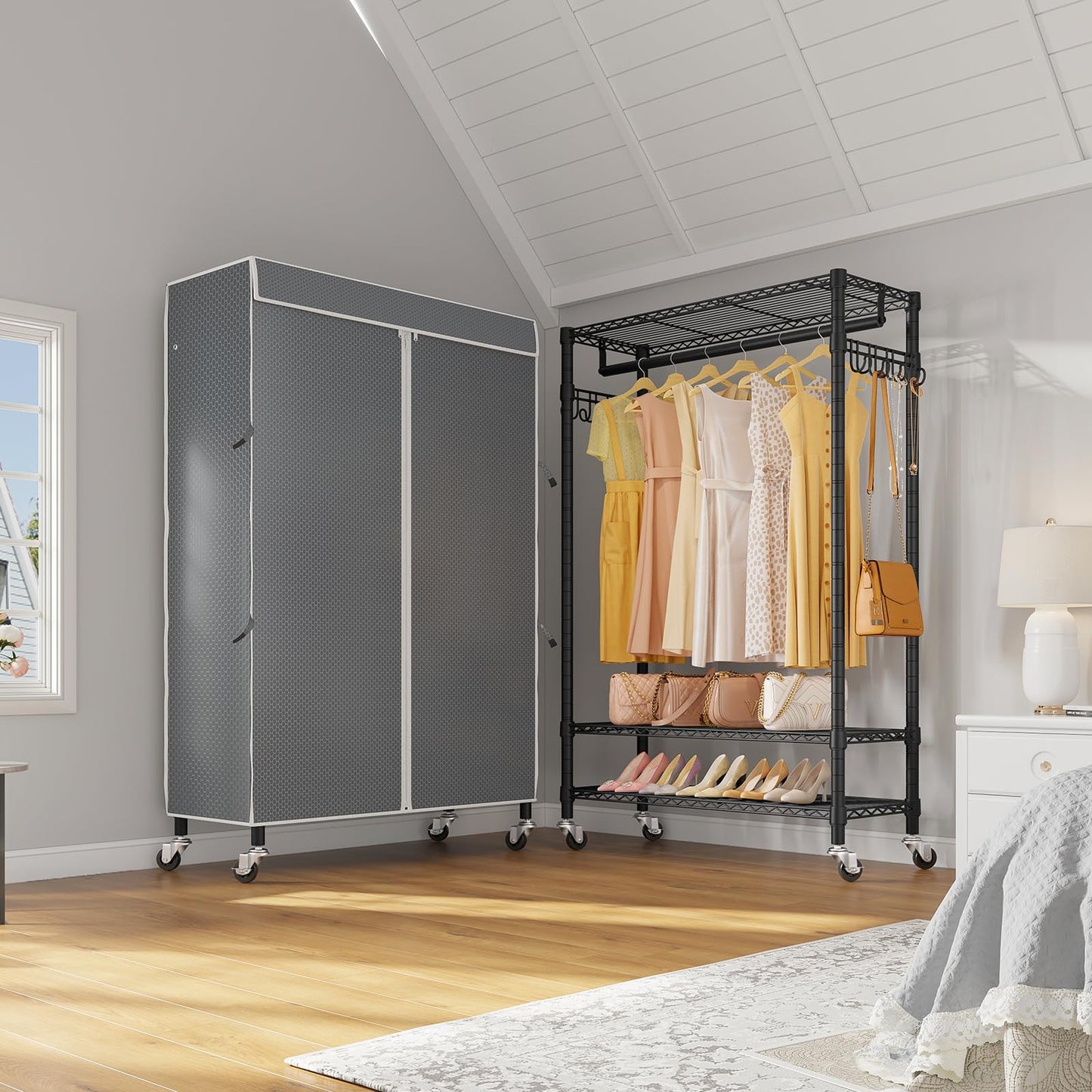 VIPEK R3C Rolling Clothes Rack with Cover Portable Closet for Hanging Clothes, Heavy Duty Garment Rack Clothing Racks with Wheels& Hanging Rod, Black Racks with Grey Upgraded Polyester Cover