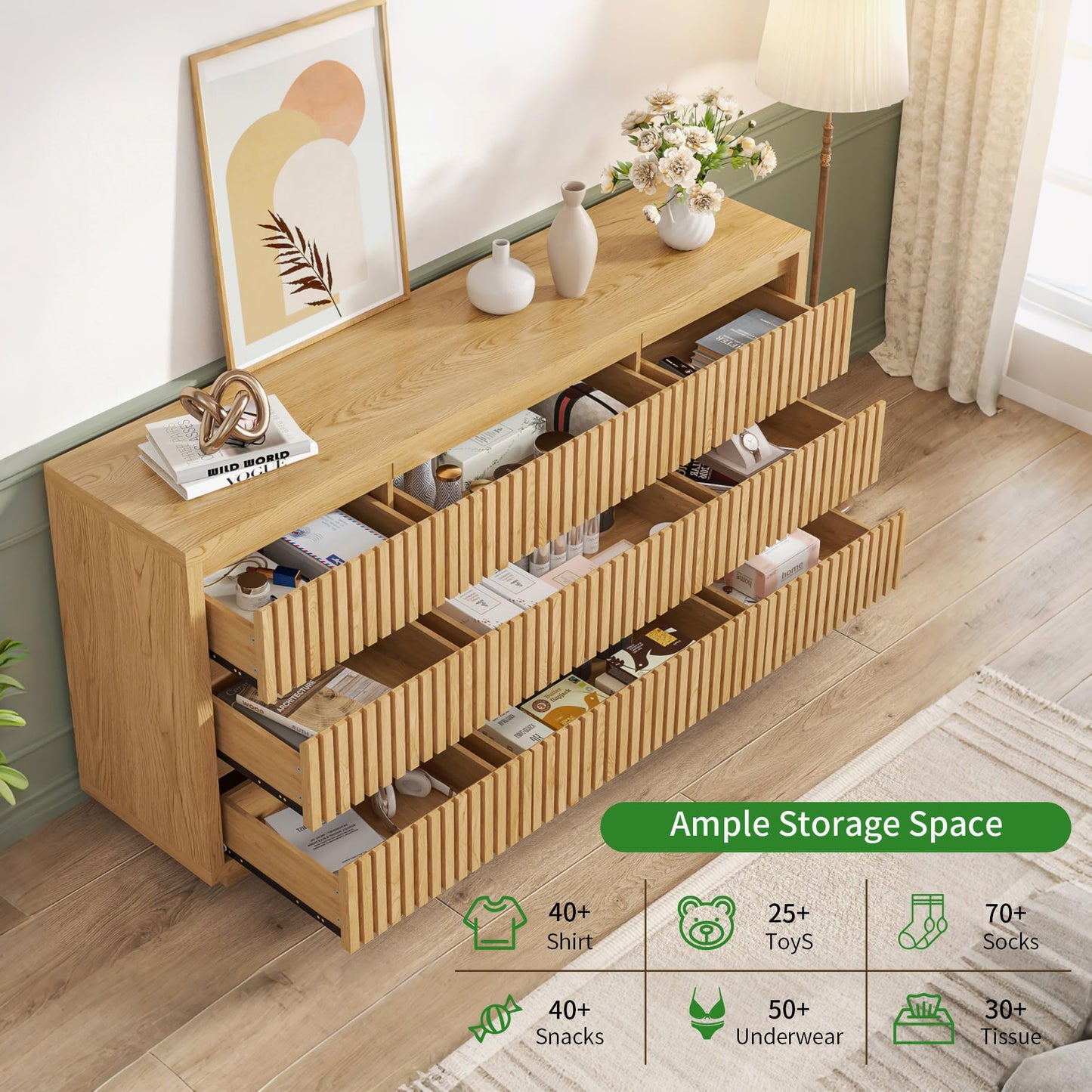 Jluomei Long Dresser for Bedroom with 9 Drawers, 58" Wide Modern Chest of Drawers, Large Wood Dresser TV Stand, Boho Fluted Closet Clothes Storage Organizer for Living Room, Natural Oak