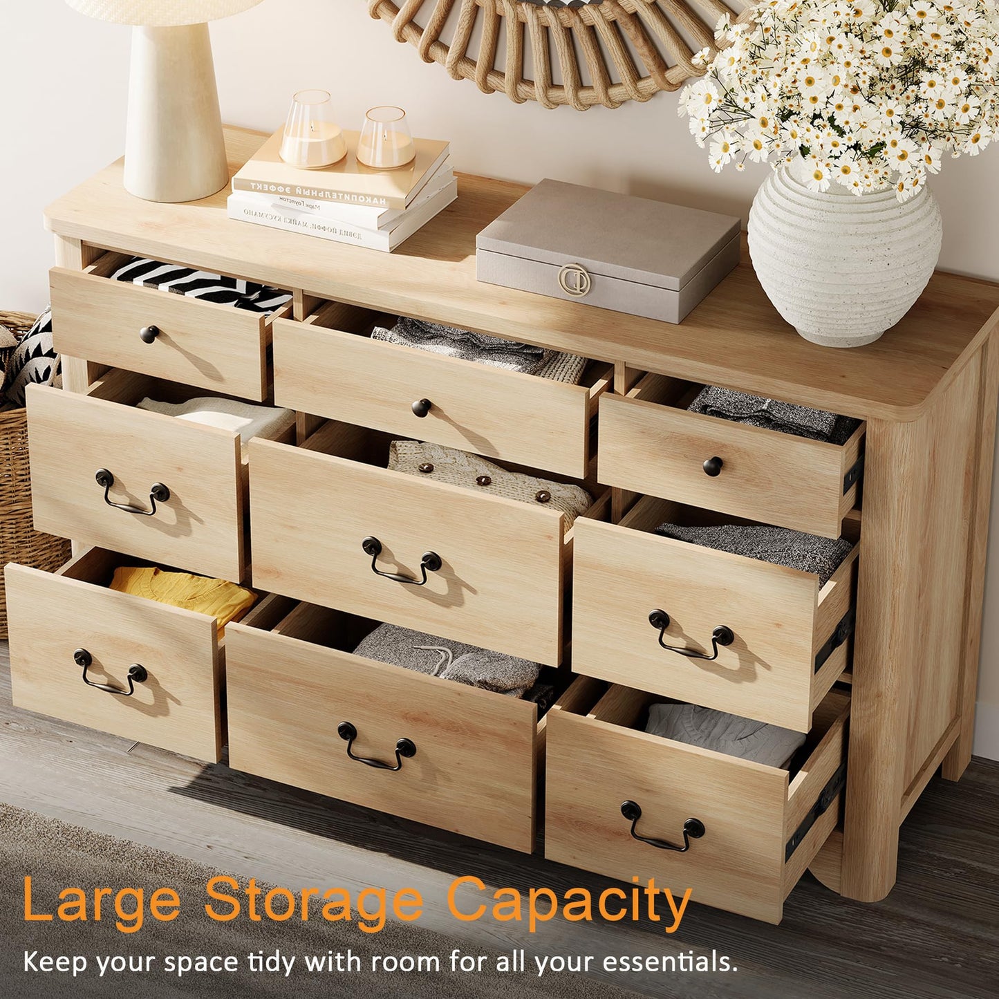 WAMPAT 9 Drawers Dresser for Bedroom, 53.5'' Wide Farmhouse Dresser TV Stand with Curved Edge Design and Wide Chests of Drawers,Storage Dressers Organizer Wood Dressers for Bedroom,Closet,Hallway,Oak