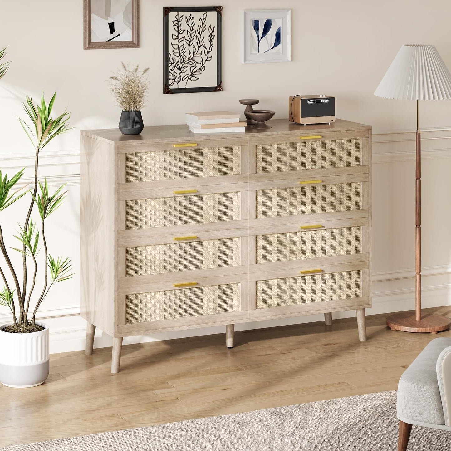 8 Drawer Rattan Dresser,47.2" x 15.7" x 37" Modern Chest of Drawers Beside Table,Mid Century Modern Dresser for Closet with Handles for Bedroom, Living Room,Hallway, Entryway