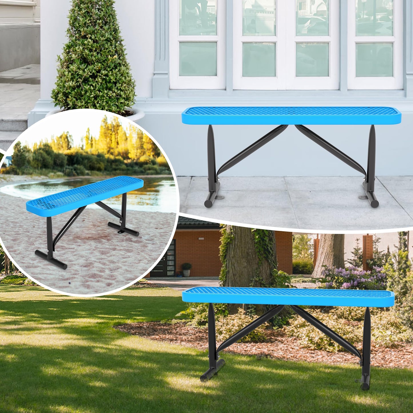 4FT/6 FT Park Benches-Outdoor Steel Flat Bench,Metal Backless Benches for Outside, School Benches Commercial Heavy Duty Rectangular Black Park Bench Patio Bench for Garden, Porch,Park (Blue, 4FT)