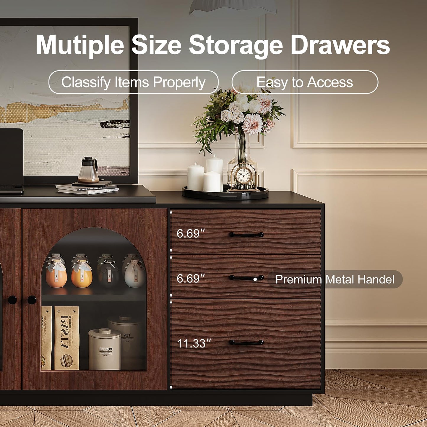 Trroec Adjustable L-Shaped Corner Table with 3 Drawers and 2 Glass Cabinet Doors Length 65.75"-94.48" Expandable Wooden Vanity and Desk Combo Side Storage for Bedroom Dressing Room Study