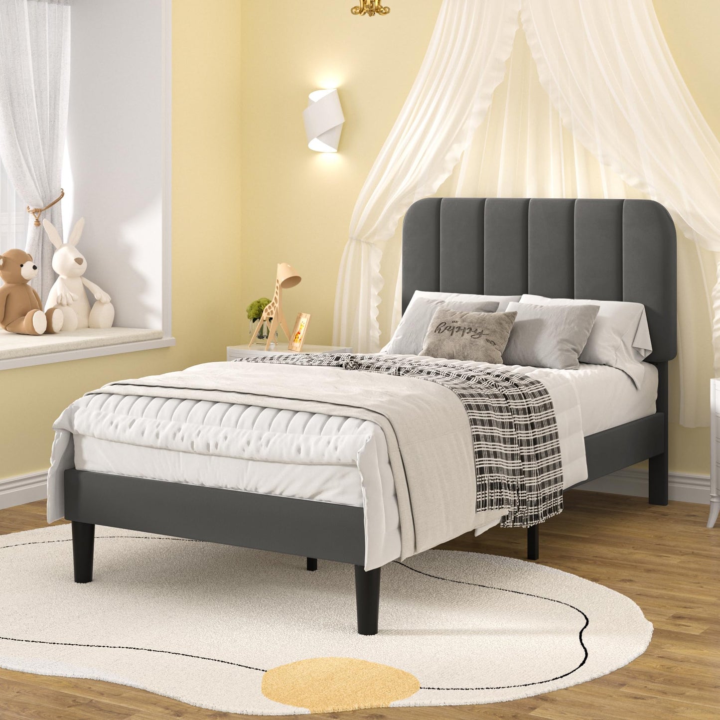 VECELO Twin Size Bed Frame with Upholstered Headboard, Velvet Platform Bedframe Mattress Foundation, Strong Wood Slat Support, No Box Spring Needed,Grey