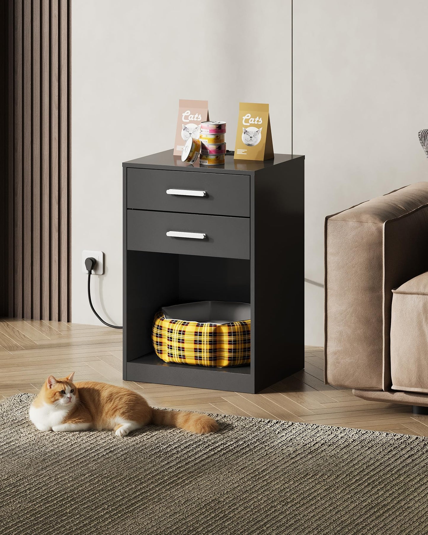 WLIVE Nightstand Set of 2 with Charging Station, Wood Night Stand Sets with 2 Drawers and Open Shelf, Bed Side Tables Bedroom, Living Room, Black