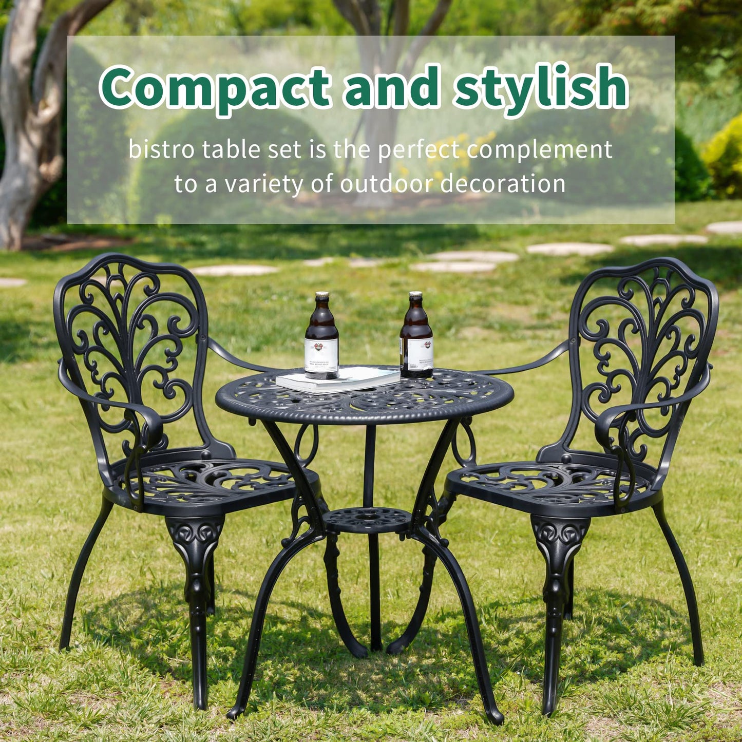 Withniture 3 Piece Patio Bistro Set Cast Aluminum Bistro Table and Chairs Set of 2 with Umbrella Hole,All Weather Metal Bistro Table Set,Outdoor Patio Furniture Set for Garden(Butterfly Black)
