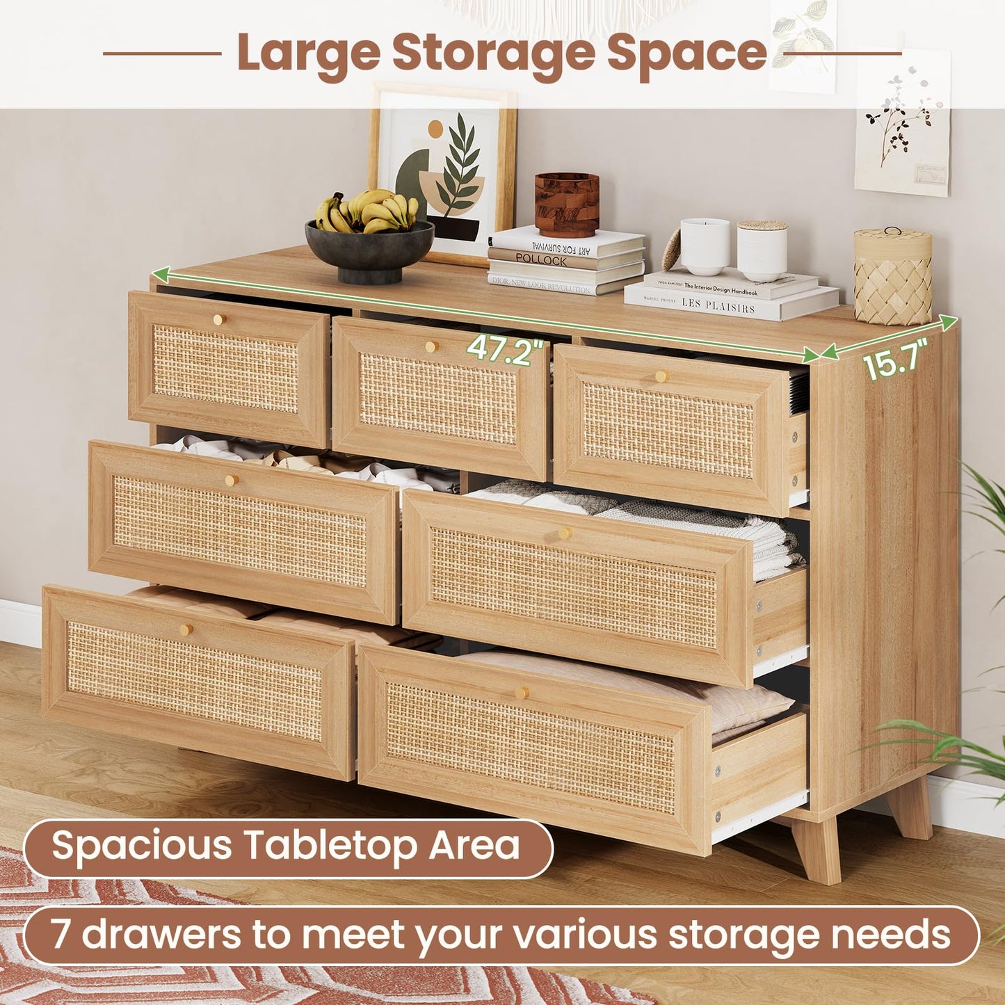 VIAGDO Rattan Dresser for Bedroom, 7 Drawer Dresser with Natural Rattan Drawers, Wooden Wide Cabinet with Gold Handles, Modern Closet Storage Chest of Drawers for Nursery Entryway Living Room