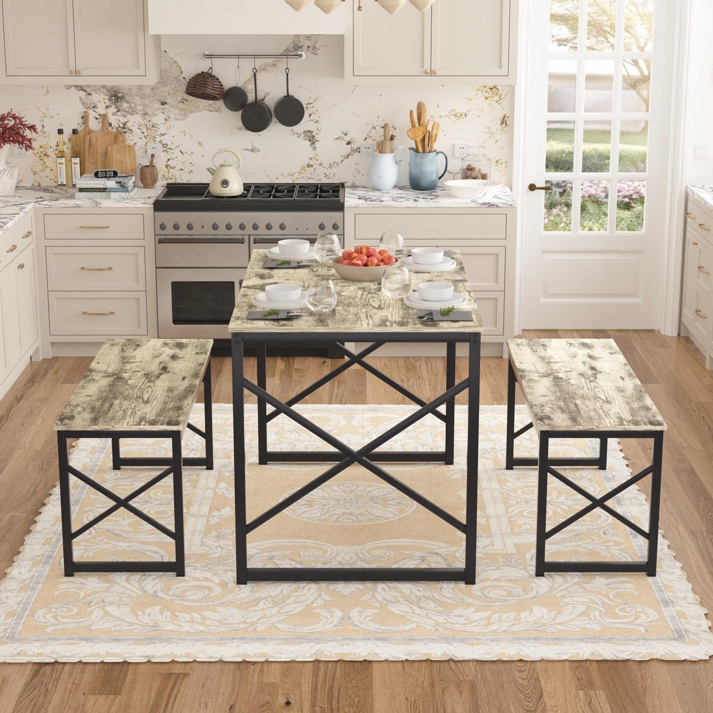 VECELO Kitchen Dining Table Set for 4, 43.3" Wood Rectangle Dinette with 2 Benches, Heavy-Duty Metal Frame for Small Space, Breakfast Nook, Grey