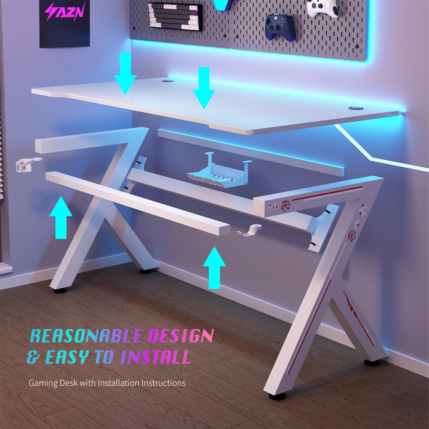 AZN Gaming Desk with 2 USB Charging Ports, Small Desk Gaming Table for Home Office, Computer Desk with Headphone Holder, Cup Holder, Cable Management Box (White, 55 Inch)