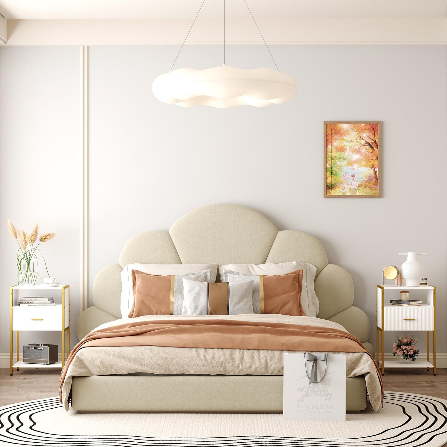 Veegle Fluted Nightstand, Modern Side Table with Drawer, White and Gold Bedside Table with Open Shelves for Living Room, Bedroom