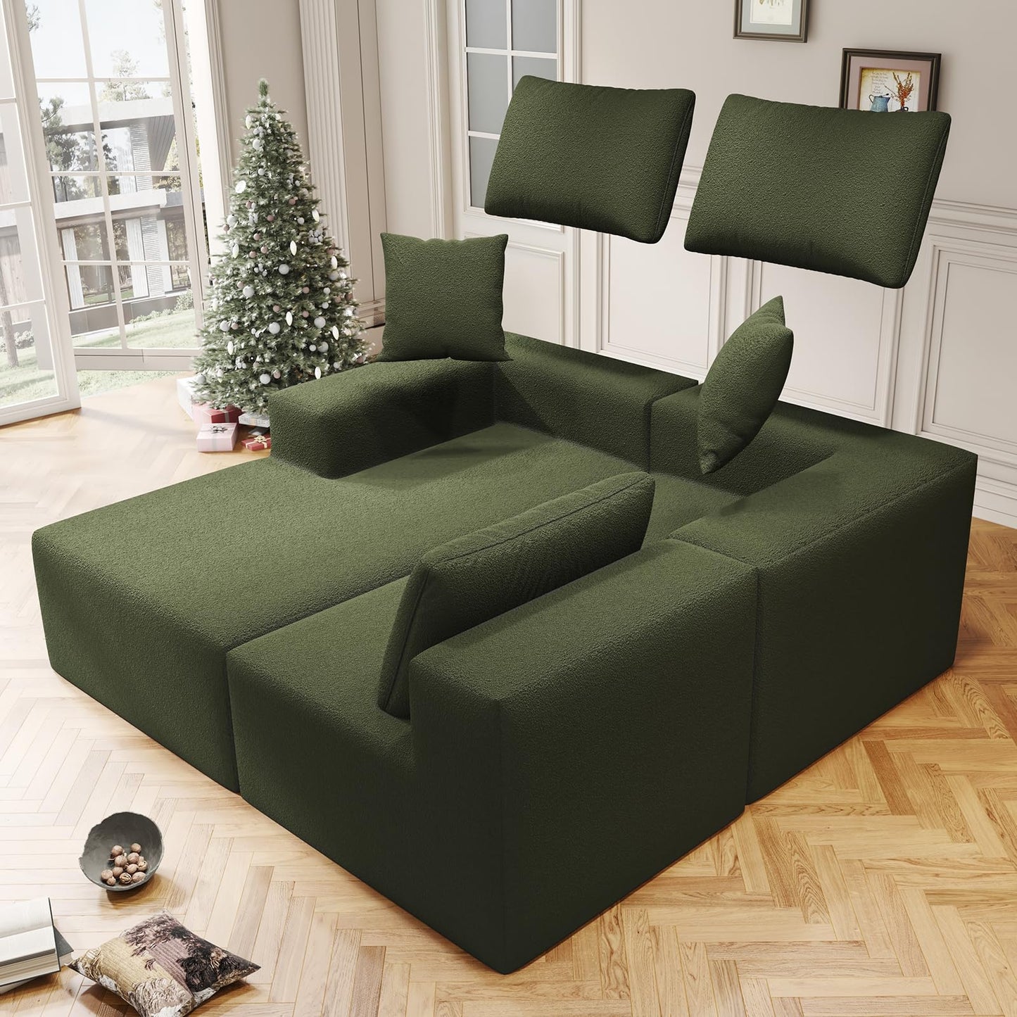 108" Cloud Sectional Couch with L-Shape Chaise,4 Seat Modern Modular Sofa with Deep Seat, Upholstered Couches for Living Room Bedroom, Sectional boneless couch with pillows,No Assembly Required(Green)
