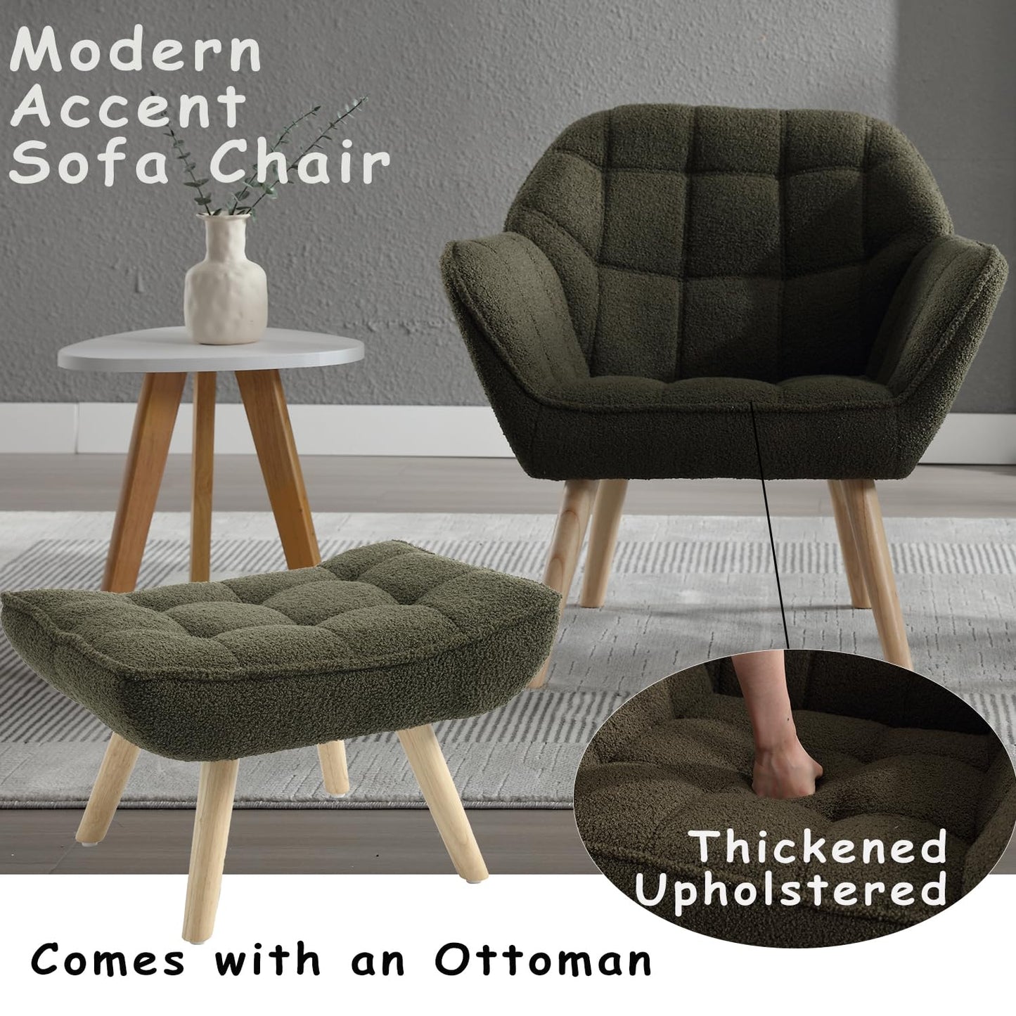 ZH4YOU Sherpa Accent Reading Chair with Ottoman, Modern Fuzzy Chair with Ottoman Upholstered Armchair with Wood Legs Comfy Lounge Chair for Small Spaces Living Room Bedroom Book Nook, Green