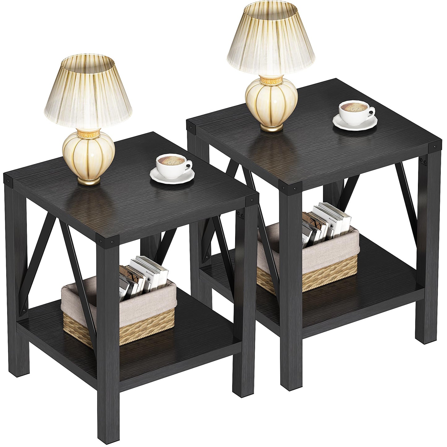 Treocho Farmhouse End Table Set of 2, Rustic Vintage Nightstand Side Table with Shelf for Living Room, Black