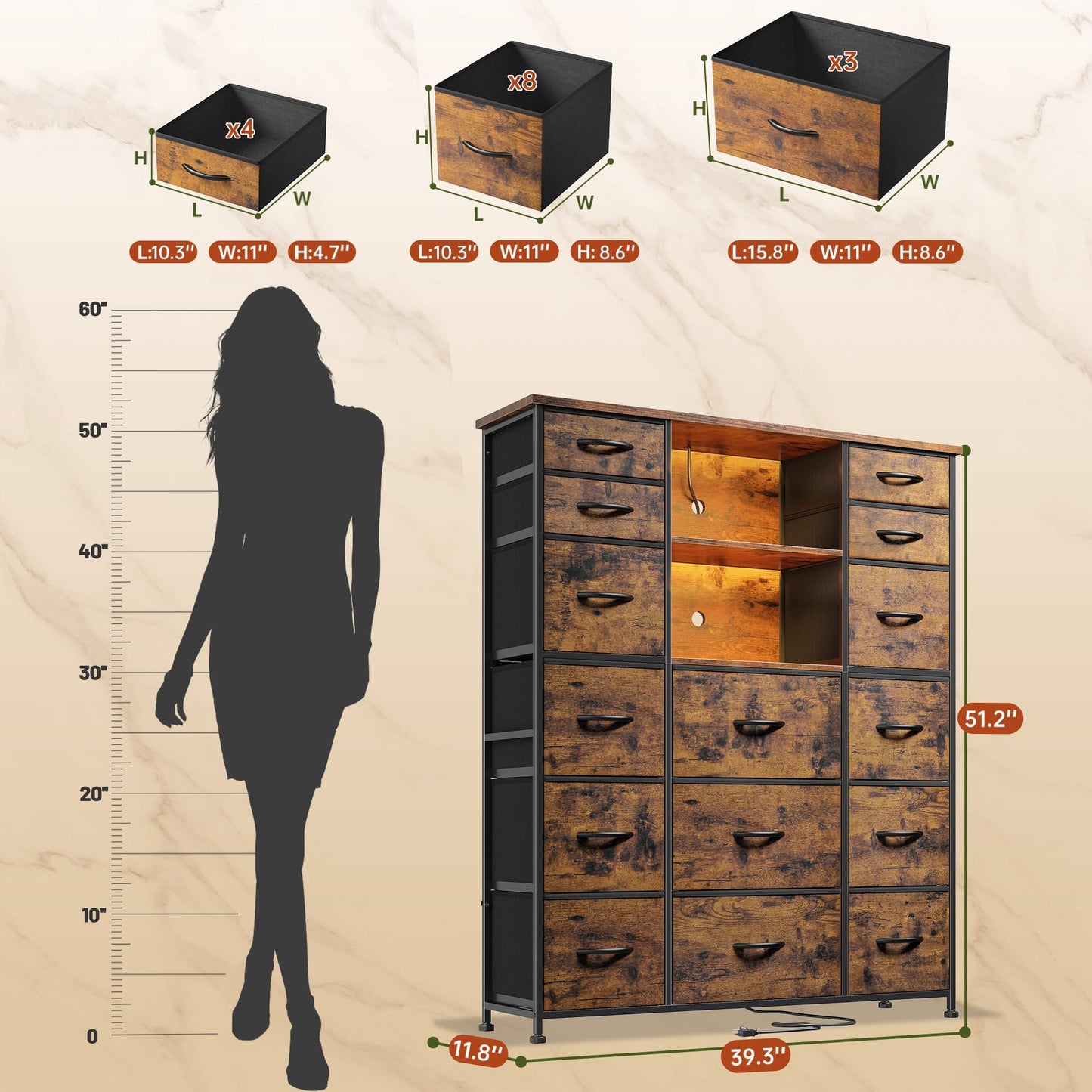 51"H Tall Dresser with 15 Drawers Dresser for Bedroom with Charging Station & LED Lights & Hutch Sturdy Fabric Bedroom Dressers, Steel Frame, Wood Top, Rustic Brown, 51.2"H x 39.3"W x 11.8"D