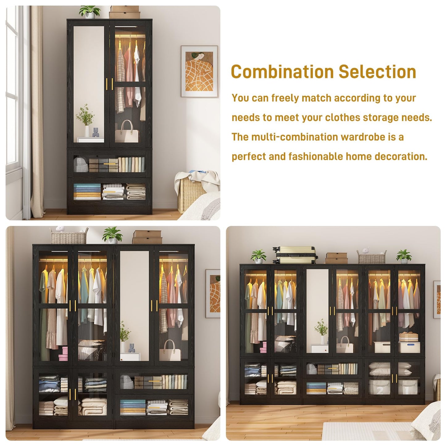 2 Doors Armoire Wardrobe Closet with LED and Mirror,71" H Freestanding Wooden Wardrobe Closet Cabinet for Bedroom w 2 Drawers,Wooden Clothing Storage Cabinet w Hanging Rod,Closets for Bedroom(Black)