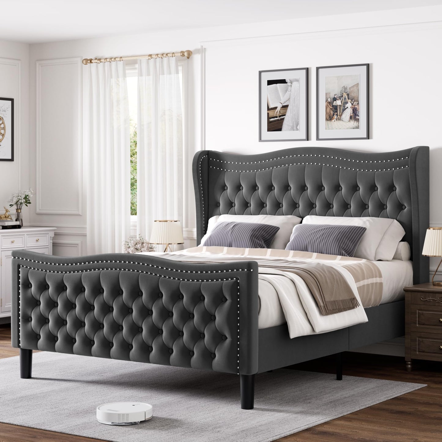 VINTLJUS Full Bed Frame with Tall Headboard & Footboard, Velvet Upholstered Platform Bed Frame with Deep Button Tufted Wingback, No Box Spring Needed, Noise Free, Grey