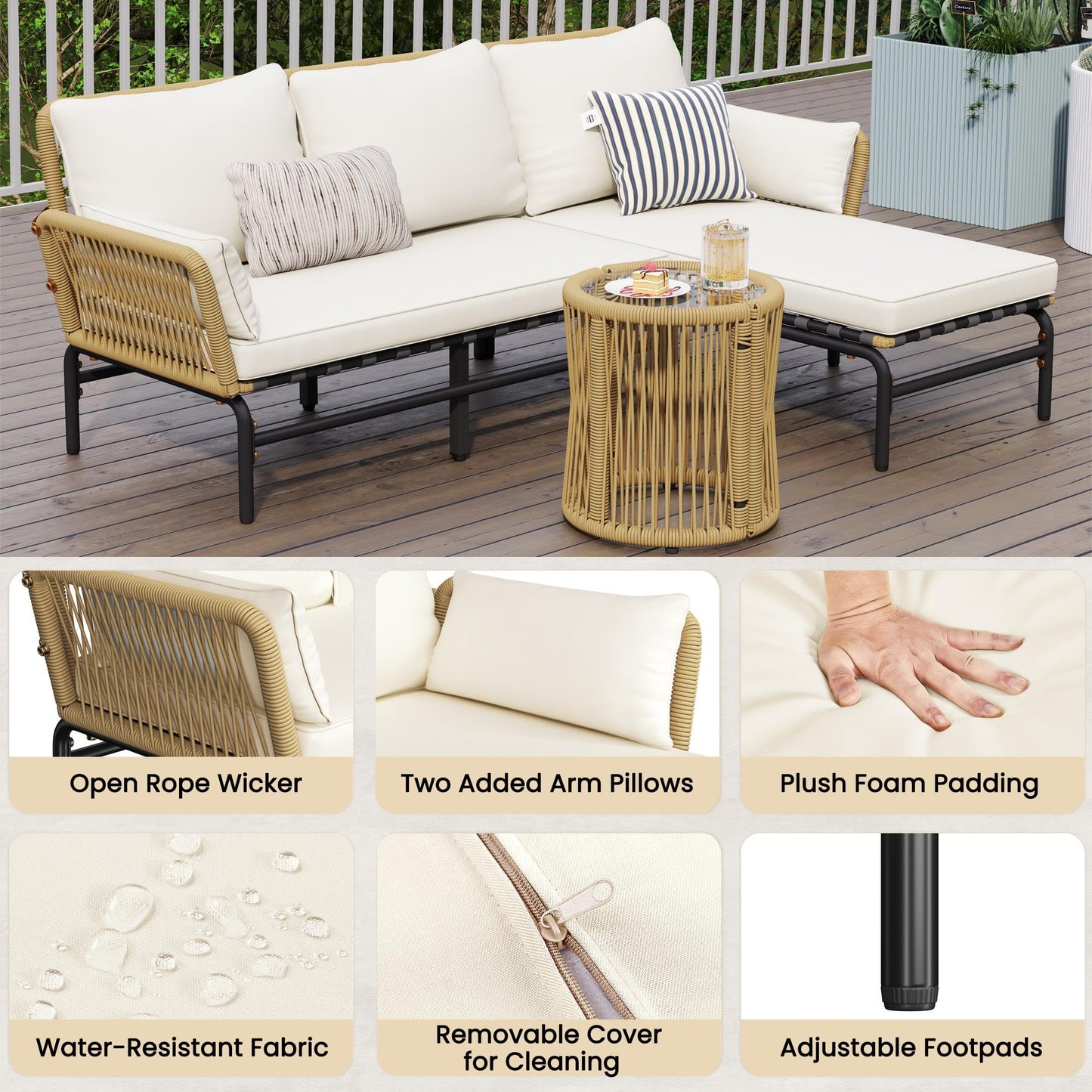 Yaheetech 3 Pieces L-Shaped Conversation Sofa Set, Outdoor Patio Furniture Set w/Detachable Lounger, Thick Cushions, Glass Side Table for Patio, Backyard, Porch, Garden