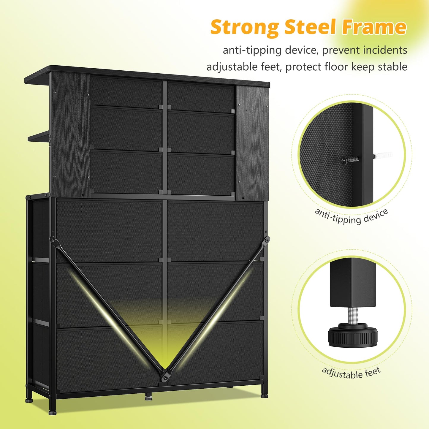 EnHomee Tall Dressers for Bedroom with LED Lights and 12 Drawers Dresser for Bedroom with Open Shelves, Fabric Dressers & Chests of Drawers, Metal Frame, Black, 45.2" H x 35.4" W x 11.8" D