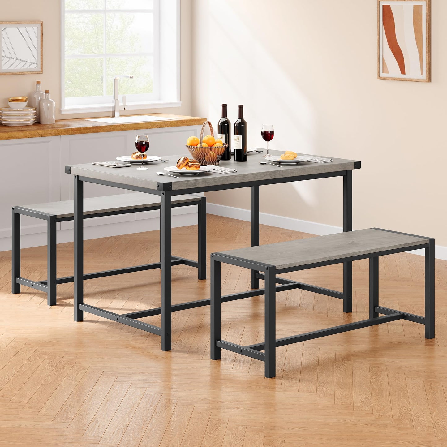 CABIHOME Dining Table and 2 Benches with Corner Protector, Dining Table Set for 4 with 2 Benches, Kitchen Table Set for 4-6 with H-Shaped Frame for Small Space, Kitchen, Apartment, Rustic Gray