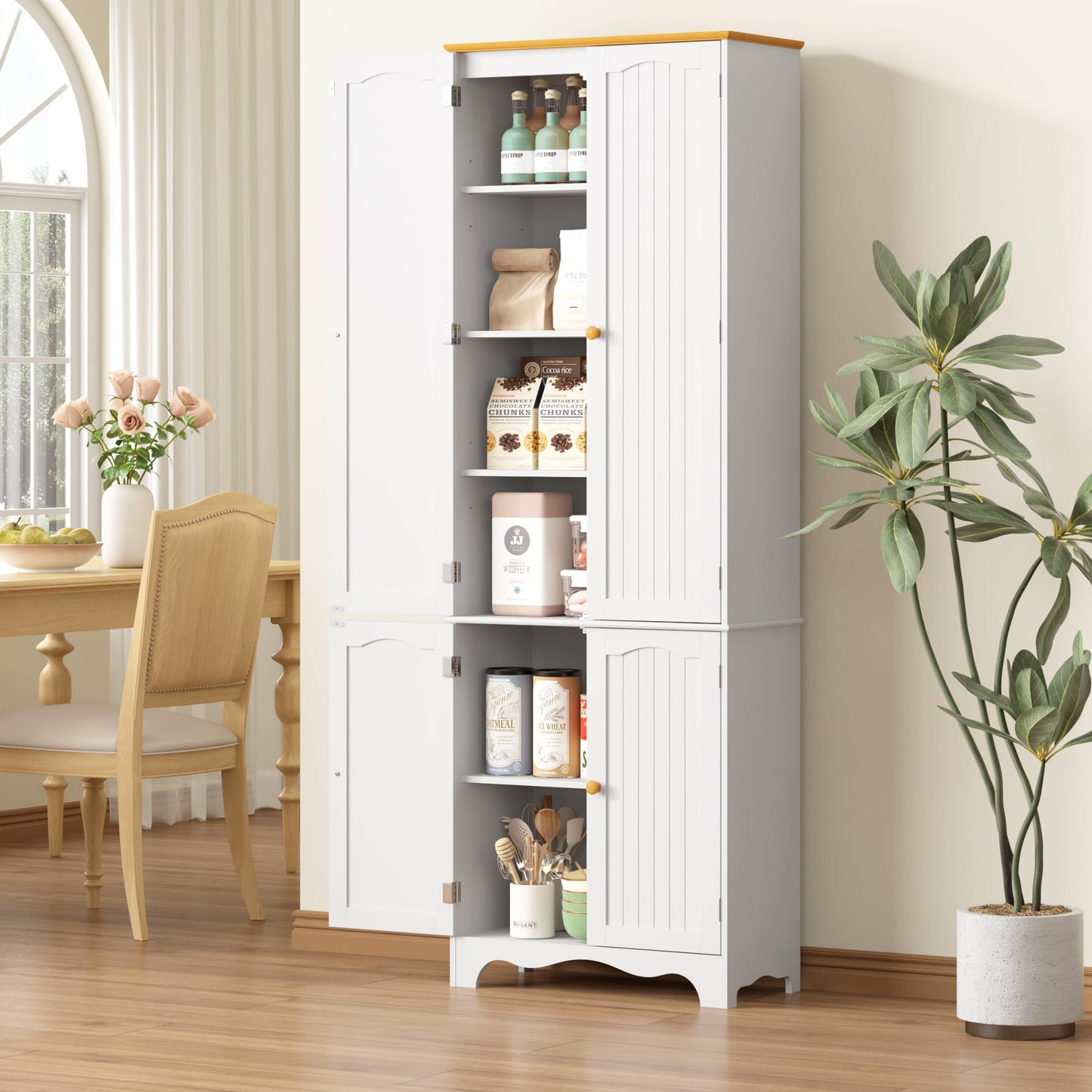 Yusong 72'' Tall Kitchen Pantry Cabinet, Freestanding Storage Cabinet with Doors and Shelves, Wooden Food Pantry Farmhouse Cupboard Buffet for Kitchen Dining Living Room, White