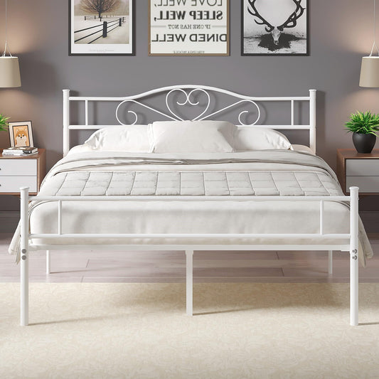 VECELO Full Size Metal Platform Bed Frame with Headboard and Footboard, Heavy Duty Mattress Foundation with Steel Slats Support, No Box Spring Needed, White