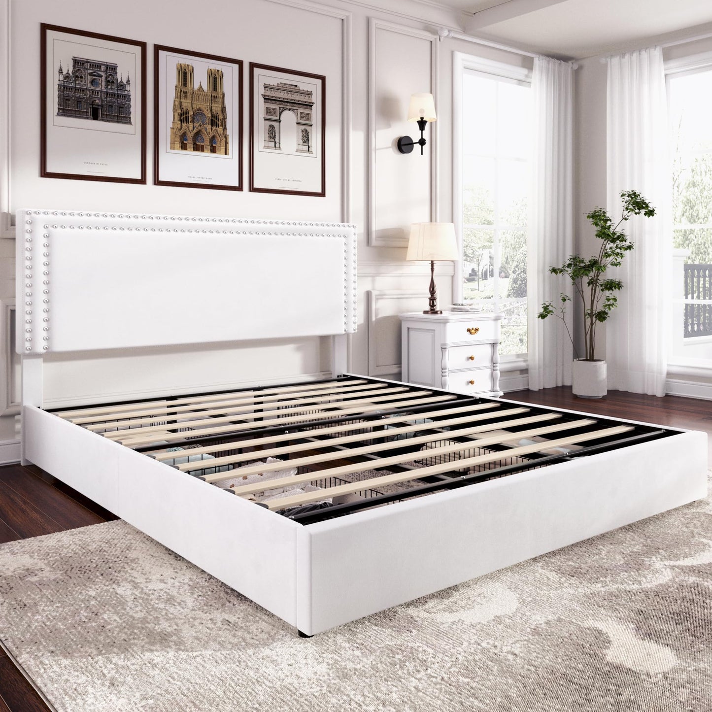 VECELO King Size Upholstered Platform Bed Frame with 4 Storage Drawers, Adjustable Velvet Rivet Decor Headboard, Wooden Slats Support, No Box Spring Needed, Easy Assembly