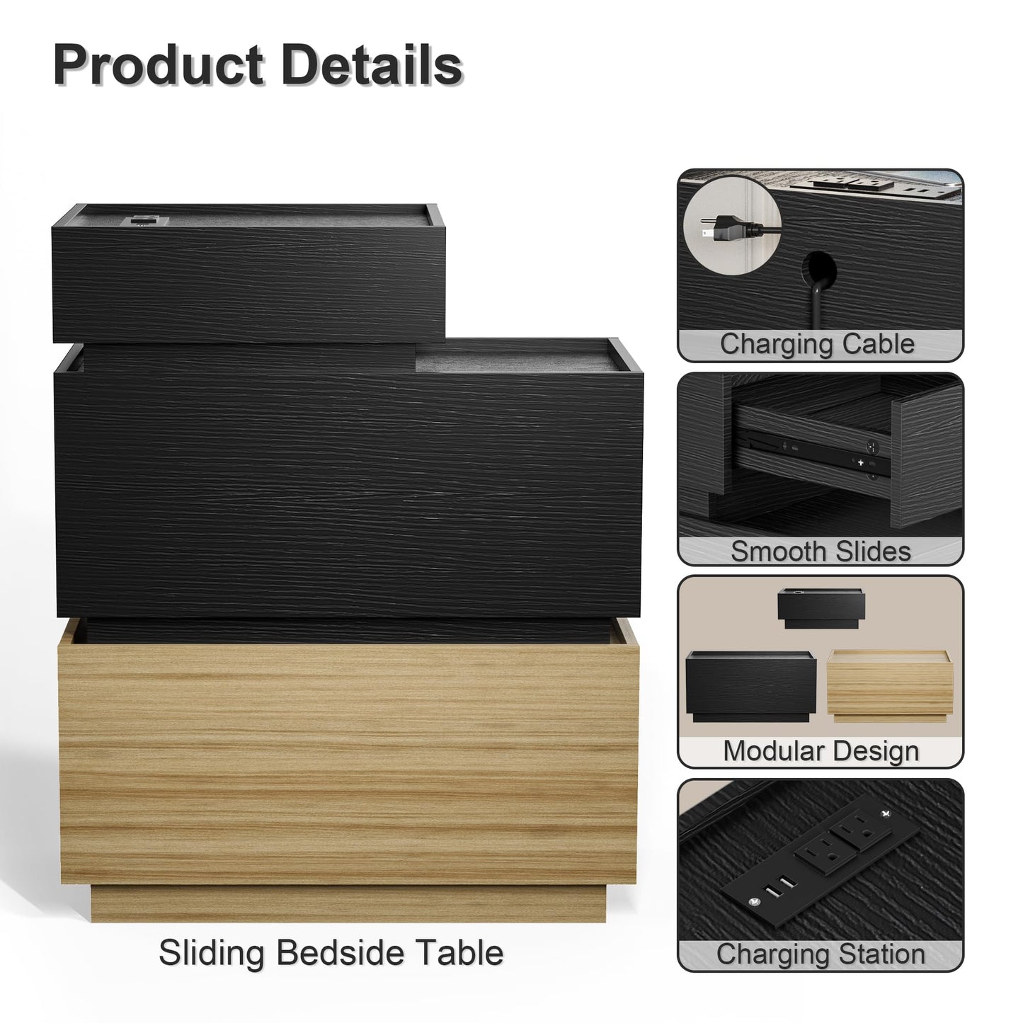 UEV End Table with Charging Station,Narrow Side Table for Living Room,Nightstand with Drawers and Storage,Sofa Side Table with USB Ports and Power Outlets for Living Room and Bedroom,Black and Brown