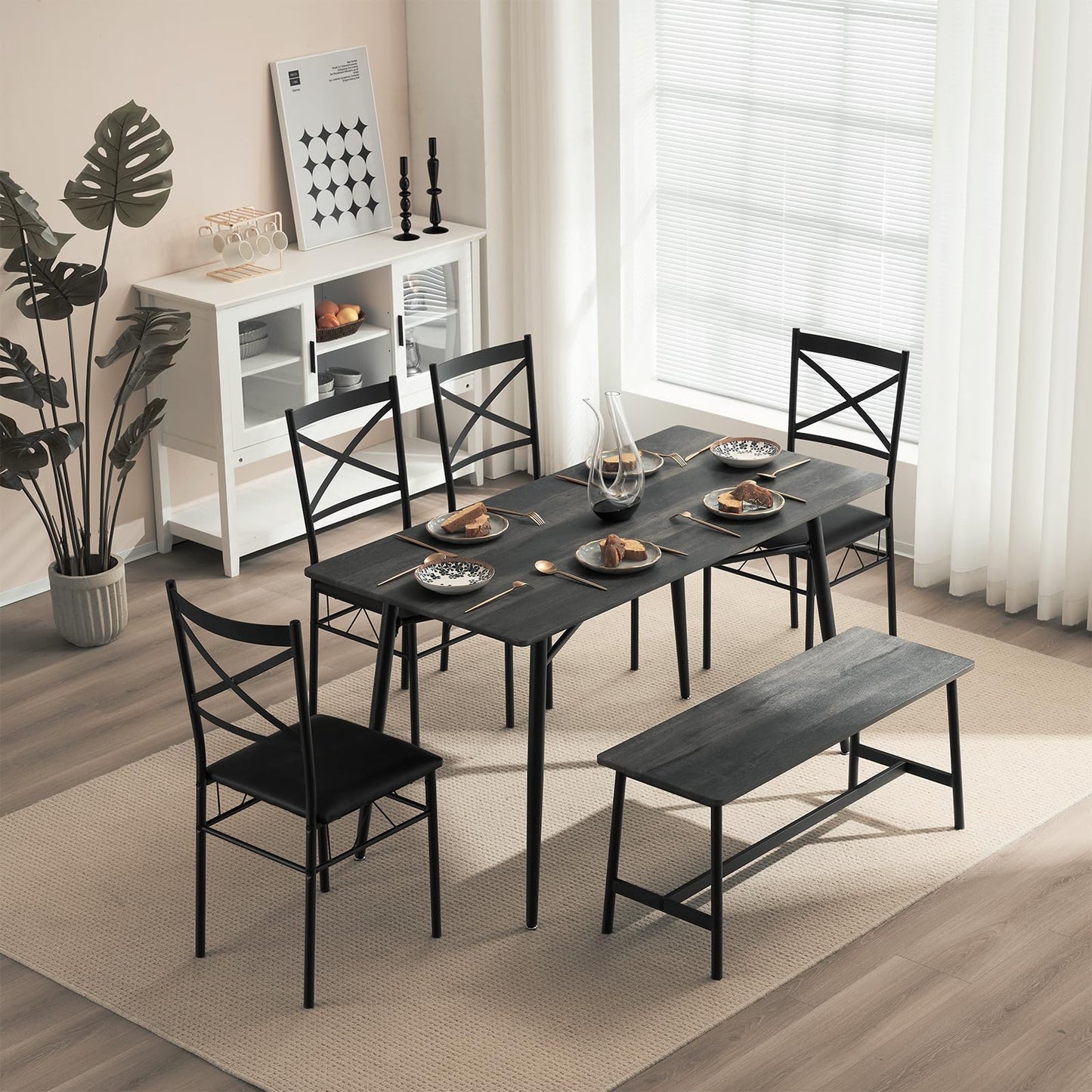 VINGLI Dining Table Set for 6,Farmhouse Rectangular Kitchen Dining Table,4 Chairs & Bench,Wooden Dinner Table Set with Upholstered Chairs for Kitchen, Dining Room, Apartment,Dark Grey,55in