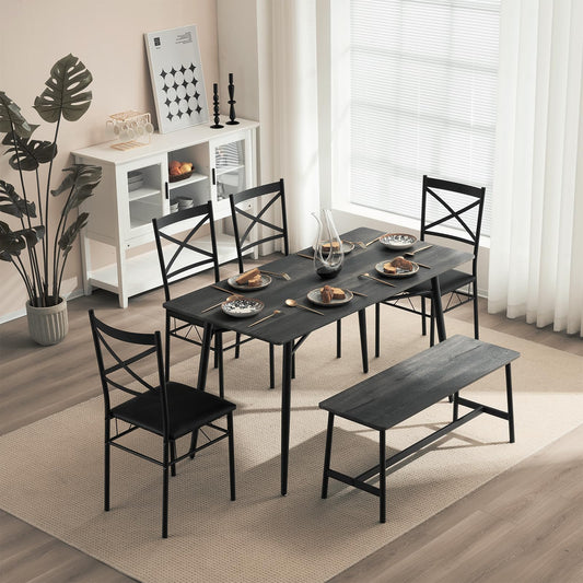 VINGLI Dining Table Set for 6,Farmhouse Rectangular Kitchen Dining Table,4 Chairs & Bench,Wooden Dinner Table Set with Upholstered Chairs for Kitchen, Dining Room, Apartment,Dark Grey,55in