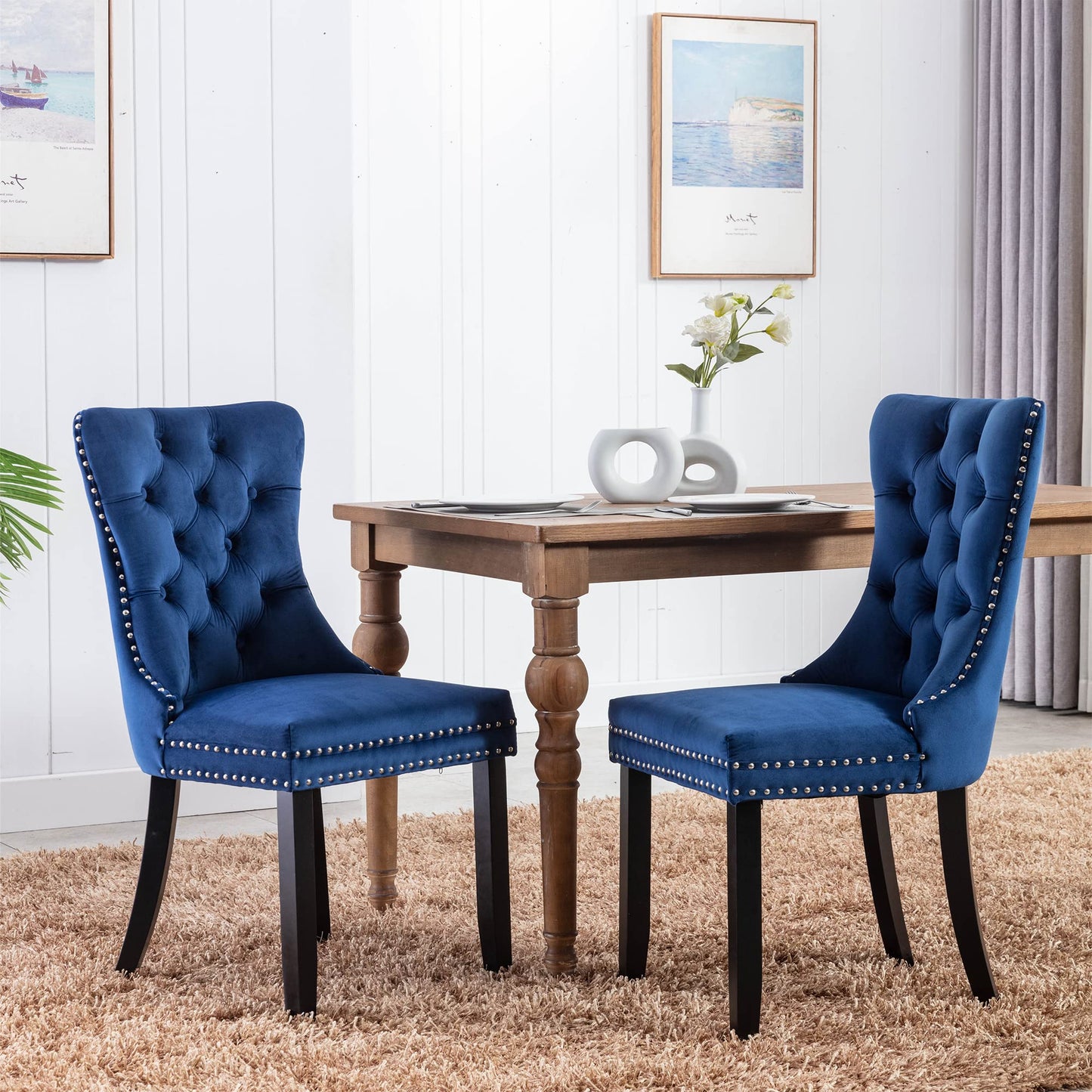 Virabit Blue Dining Chairs Set of 4, Velvet Tufted with Nailhead Back and Ring Pull Trim, Upholstered for Kitchen/Bedroom/Dining Room