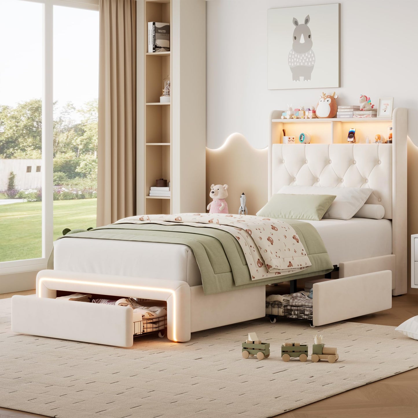 VINTLJUS Twin LED Bed Frame with Storage Headboard & Charging Station, Velvet Fabric Platform Bed Frames with 3 Drawers, No Box Spring Needed, Button Tufted Upholstered, Beige