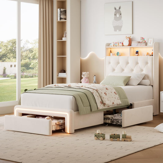VINTLJUS Twin LED Bed Frame with Storage Headboard & Charging Station, Velvet Fabric Platform Bed Frames with 3 Drawers, No Box Spring Needed, Button Tufted Upholstered, Beige