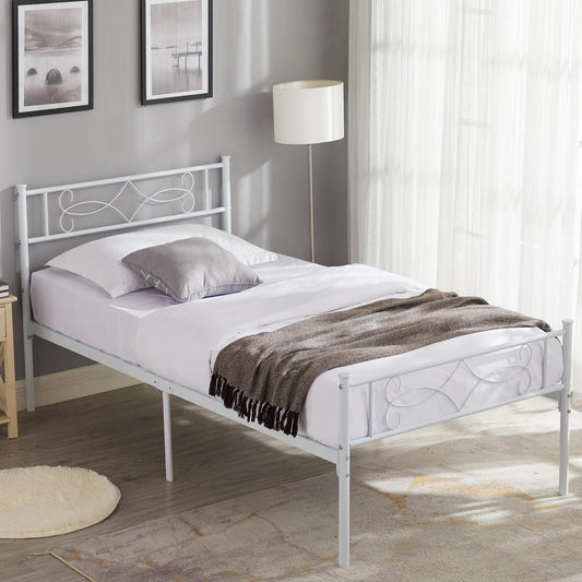 VECELO 14" Twin Size White Metal Platform Bed Frame with Headboard,Premium Steel Slat Support/No Box Spring Needed/Noise-Free/Easy Assembly