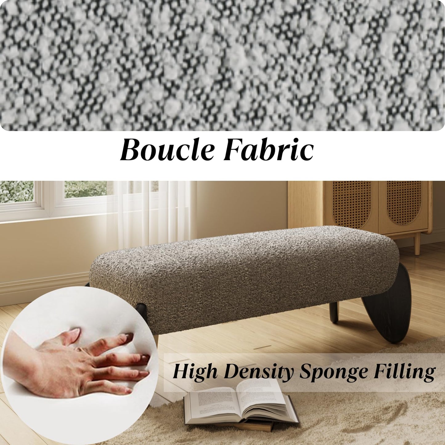 Ya-Home Modern Living Room Bench, Boucle Upholstered Bedroom Bench End of Bed, 50” Entryway Bench with Black Wooden Legs, Window Ottoman Bench for Bedroom/Hallway,Grey