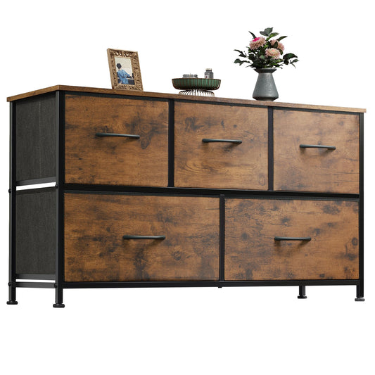 WLIVE Dresser for Bedroom with 5 Drawers, Wide Chest of Drawers, Fabric Dresser, Storage Organizer Unit with Fabric Bins for Closet, Living Room, Hallway, Rustic Brown Wood Grain Print