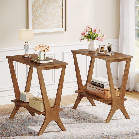 TRIBEWOOD Solid Wood End Table Set of 2, 2-Tier Storage Shelves Sofa Couch Side Table with Sturdy Legs, Wooden Narrow Retro Nightstand for Small Spaces, Bedroom, Living Room, Apartment, Vintage Brown